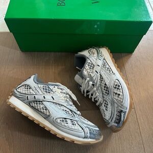 Bottega Veneta Metallic Silver and White Mesh Sneakers